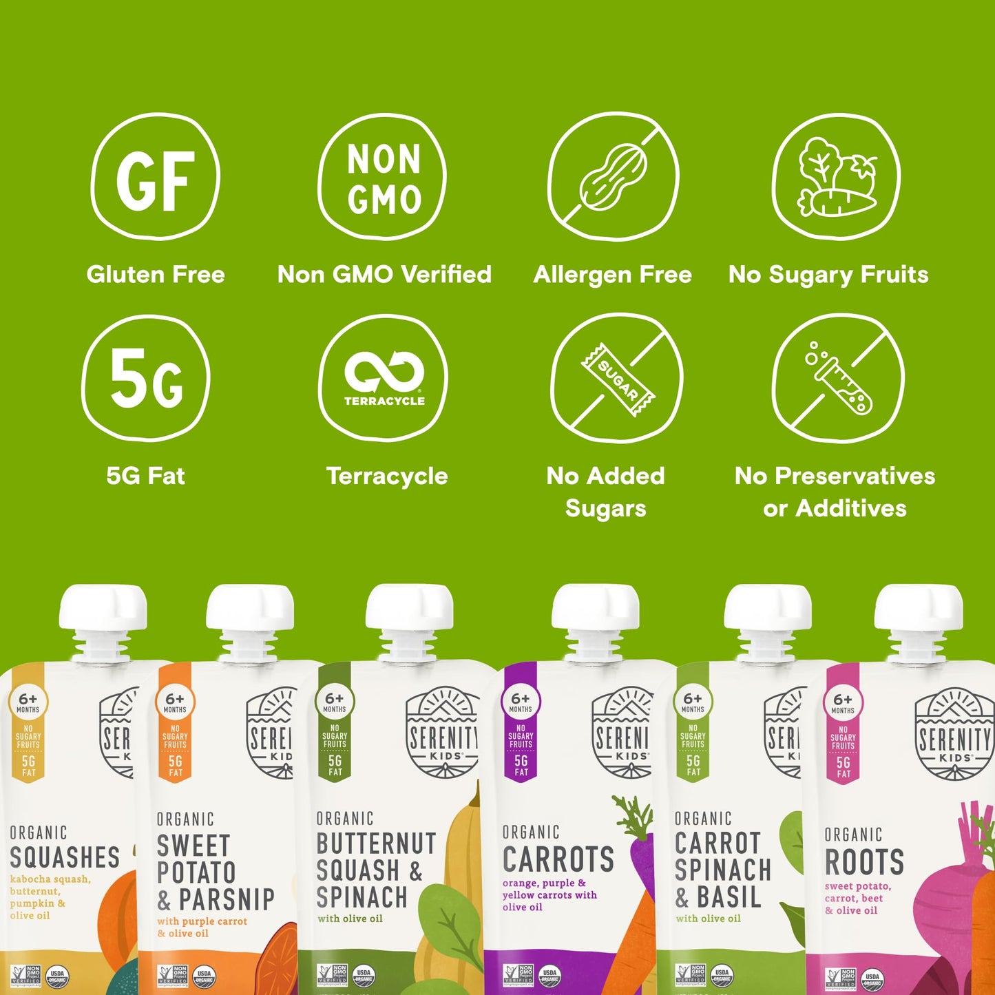 Serenity Kids 6+ Months Certified Organic Baby Food Pouches Veggie Puree Variety Pack 18 Count- No Sugary Fruits/Added Sugar - A