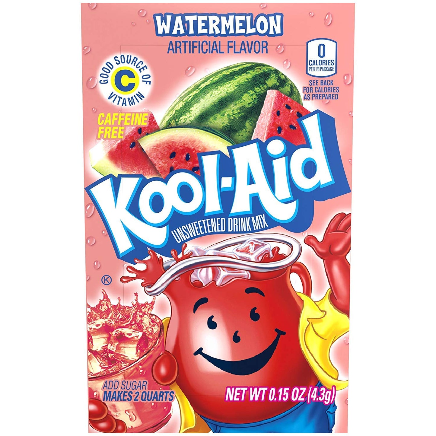 Kool-Aid Watermelon Flavored Powdered Drink Mix, Unsweetened, Caffeine-Free, 0.15 Ounce, Pack of 48