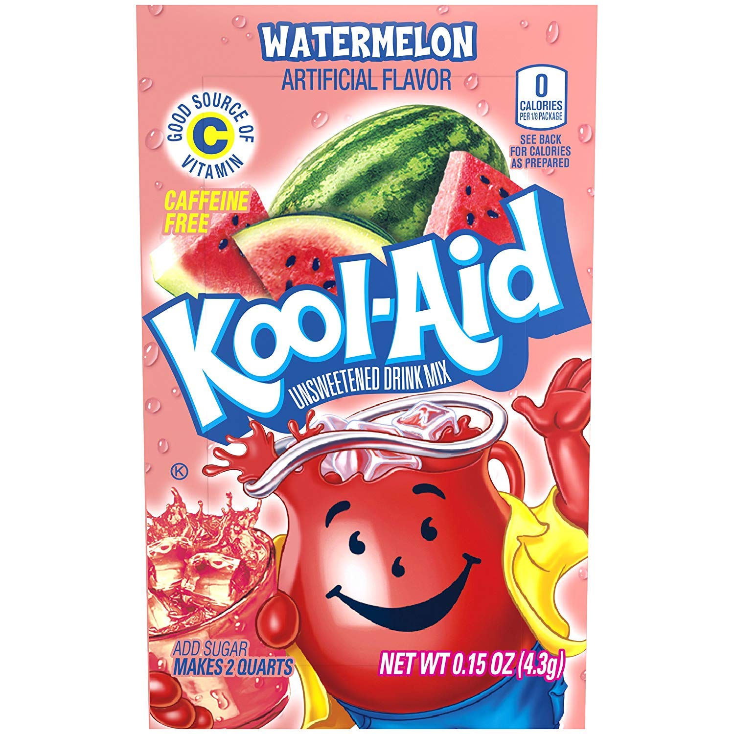 Kool-Aid Watermelon Flavored Powdered Drink Mix, Unsweetened, Caffeine-Free, 0.15 Ounce, Pack of 48