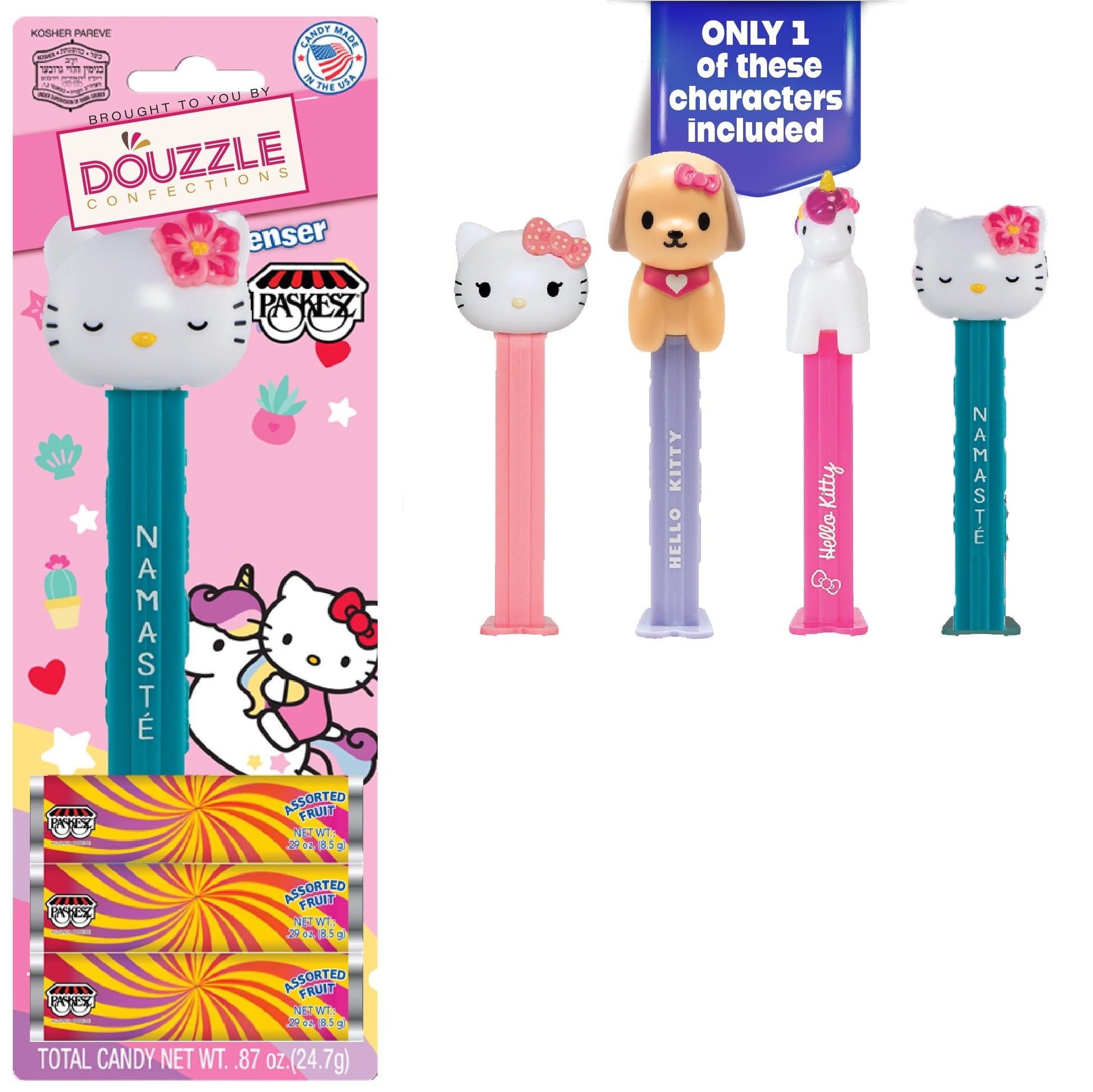 DOUzzle Kosher Pez Candy & Hello Kitty Dispenser + 3 Assorted Fruit Refills (Pack of 1) Gluten Free, Kosher Parve, USA Made