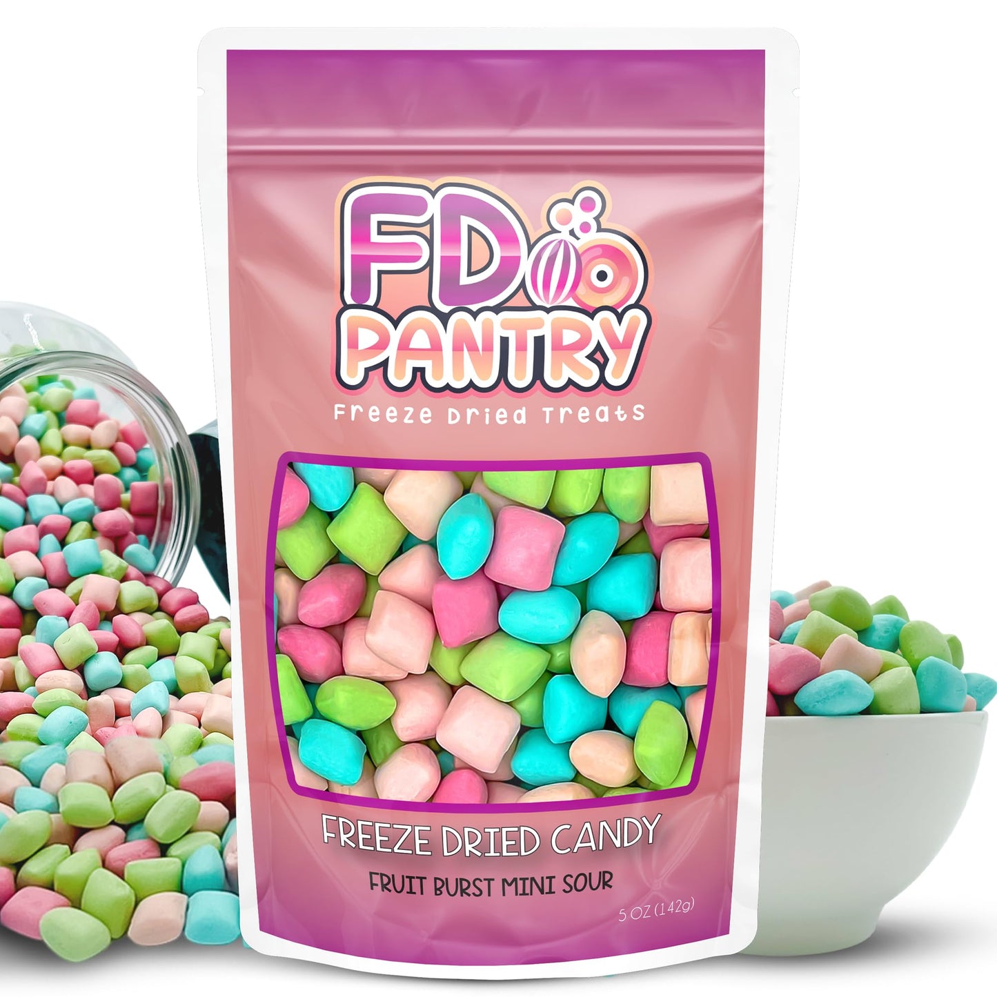 Freeze Dried Fruit Bursts Candy - Mini Sour L Hard Candy Mix 5Oz Treat Snack Gift Bag Cherry, Strawberry, Blue Raspberry, Waterm