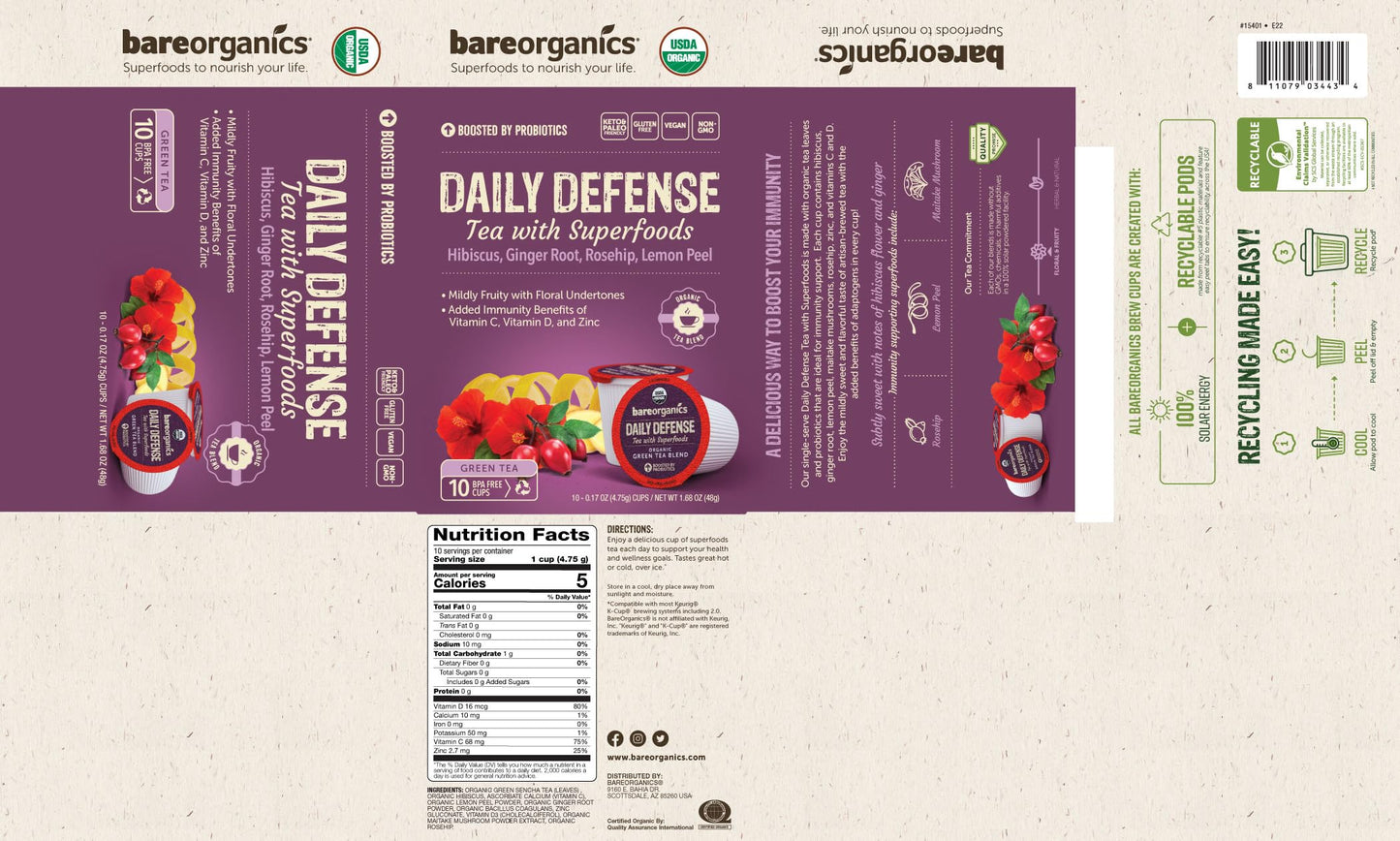BareOrganics DAILY DEFENSE TEA (Organic) with superfoods and Probiotics  10ct single serve Cups