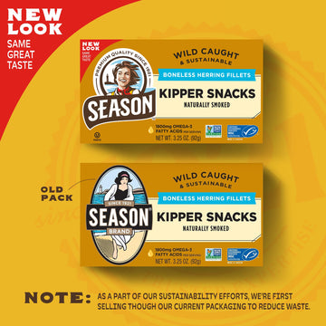 SEASON Kipper Snacks Boneless Herring Fillets, Naturally Smoked, Keto, Non-GMO, 18g Protein, 3.25 Oz, Pack of 12