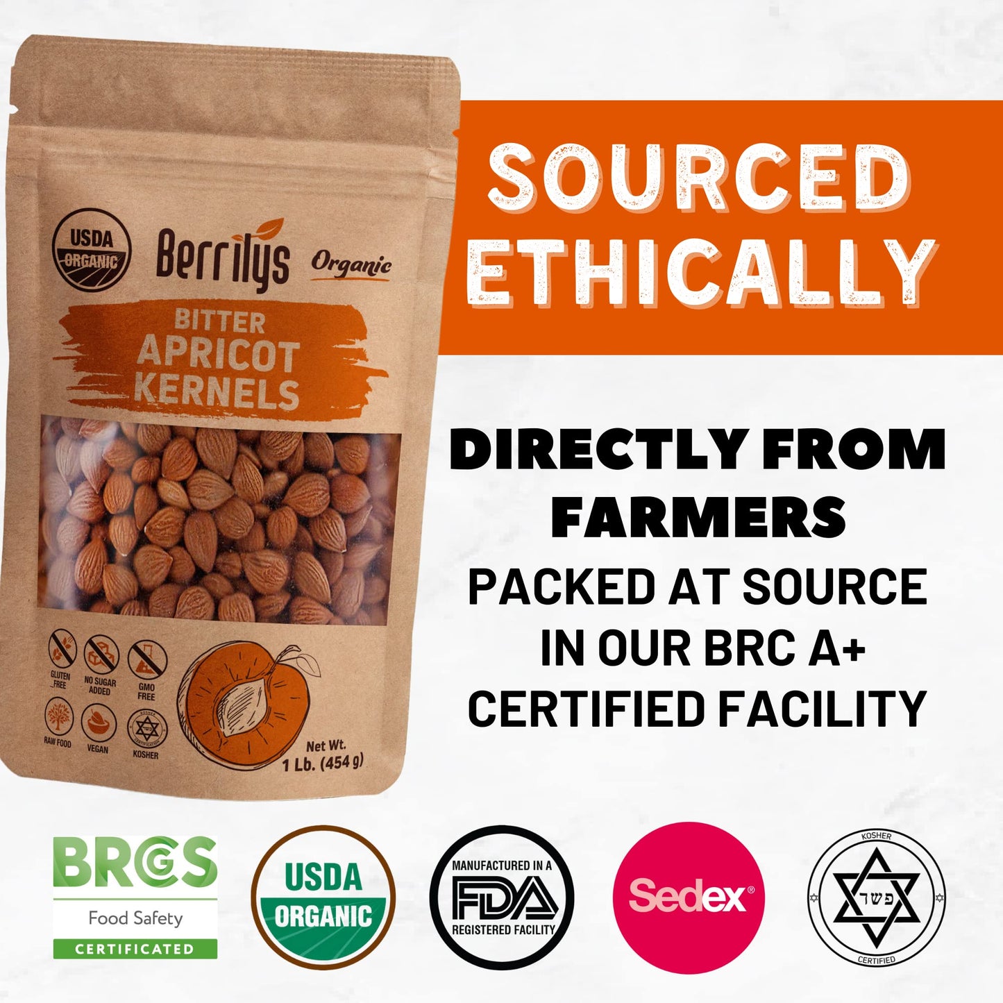 Berrilys Organic Bitter Apricot Kernels - Usda Certified Organic Bitter Apricot Seeds - Natural & Non-Gmo, Enhanced Quality Kernals, No Sulfur Or Additives - 16 Oz