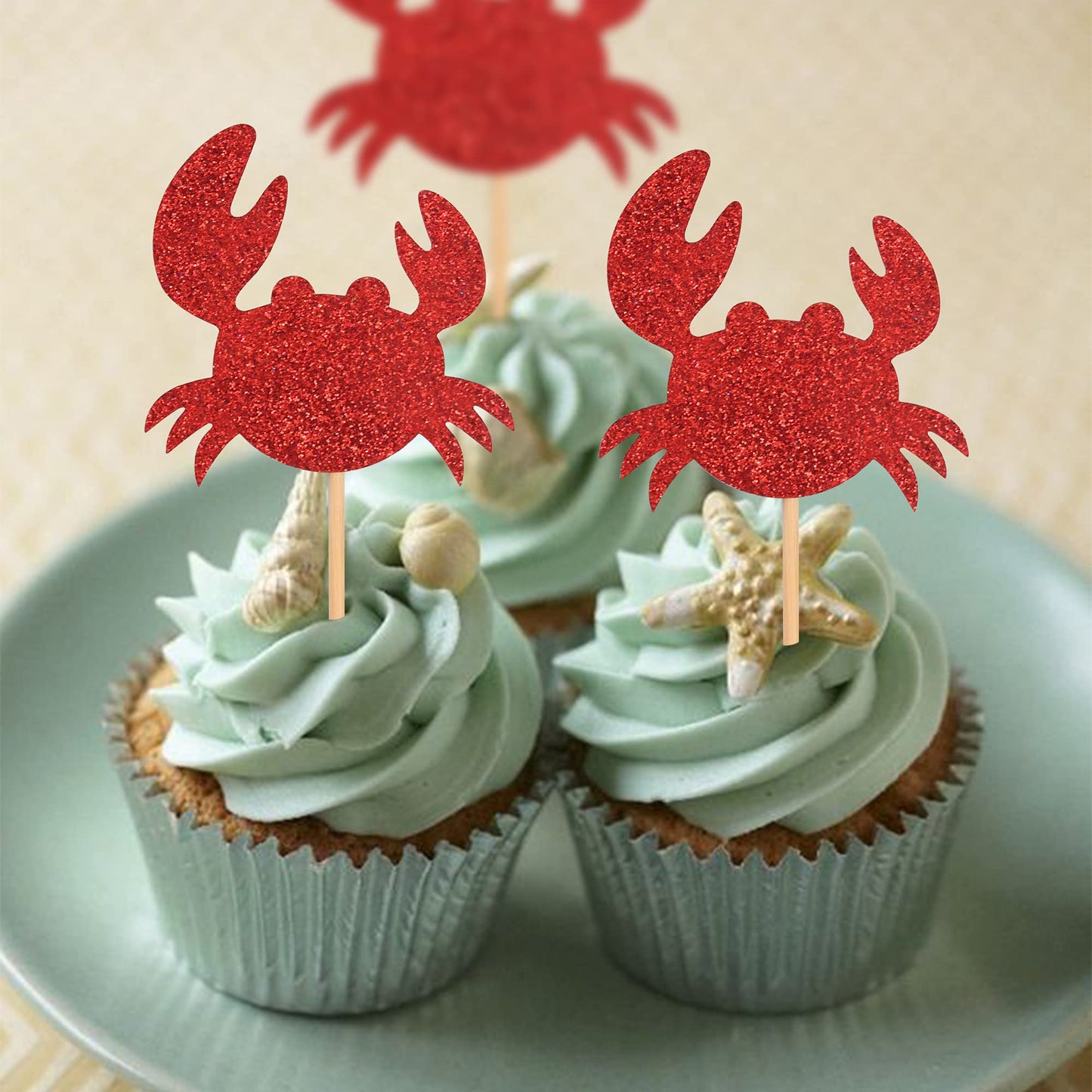 24 Pcs Crab Cupcake Toppers Red Glitter Ocean Crab Cupcake Picks Seafood Ocean Animal Theme Baby Shower Kids Birthday Party Cake
