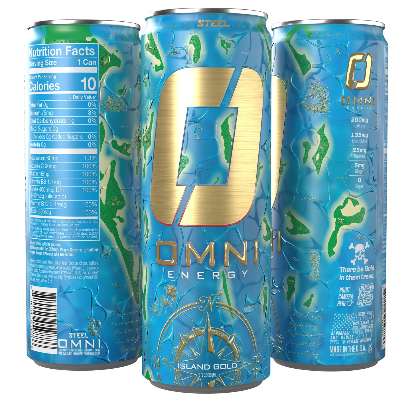 Steel dietary products OMNI Energy Drink - Island Gold, 12 Oz, Pack of 12, 200mg Caffeine, Sugar-Free, Low Calorie