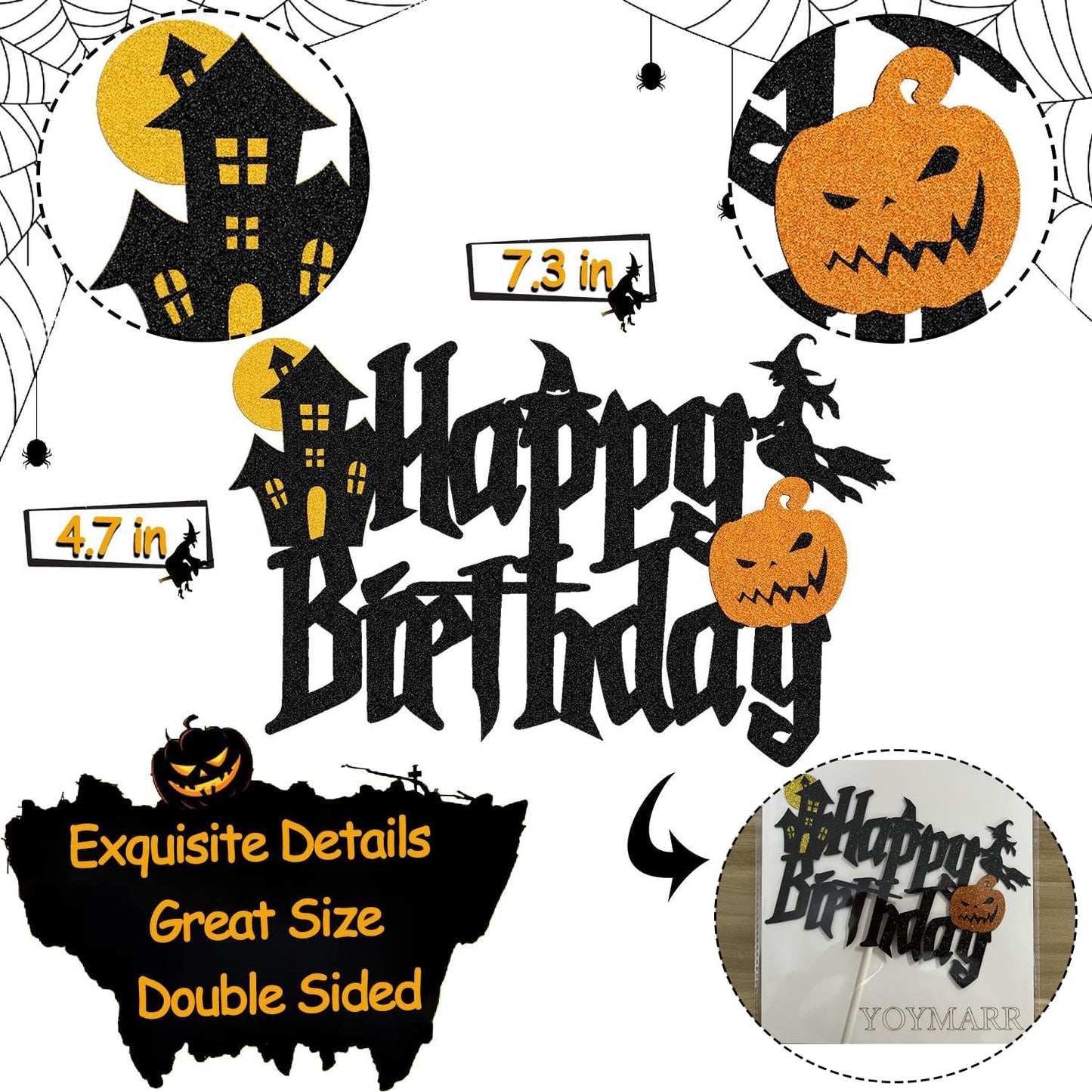 YOYMARR Halloween Cake Topper for Wizard Ghost Pumpkin Theme, Black Sparkle Decor, 7.3 x 4.75, Ideal for Birthday Party Supplies