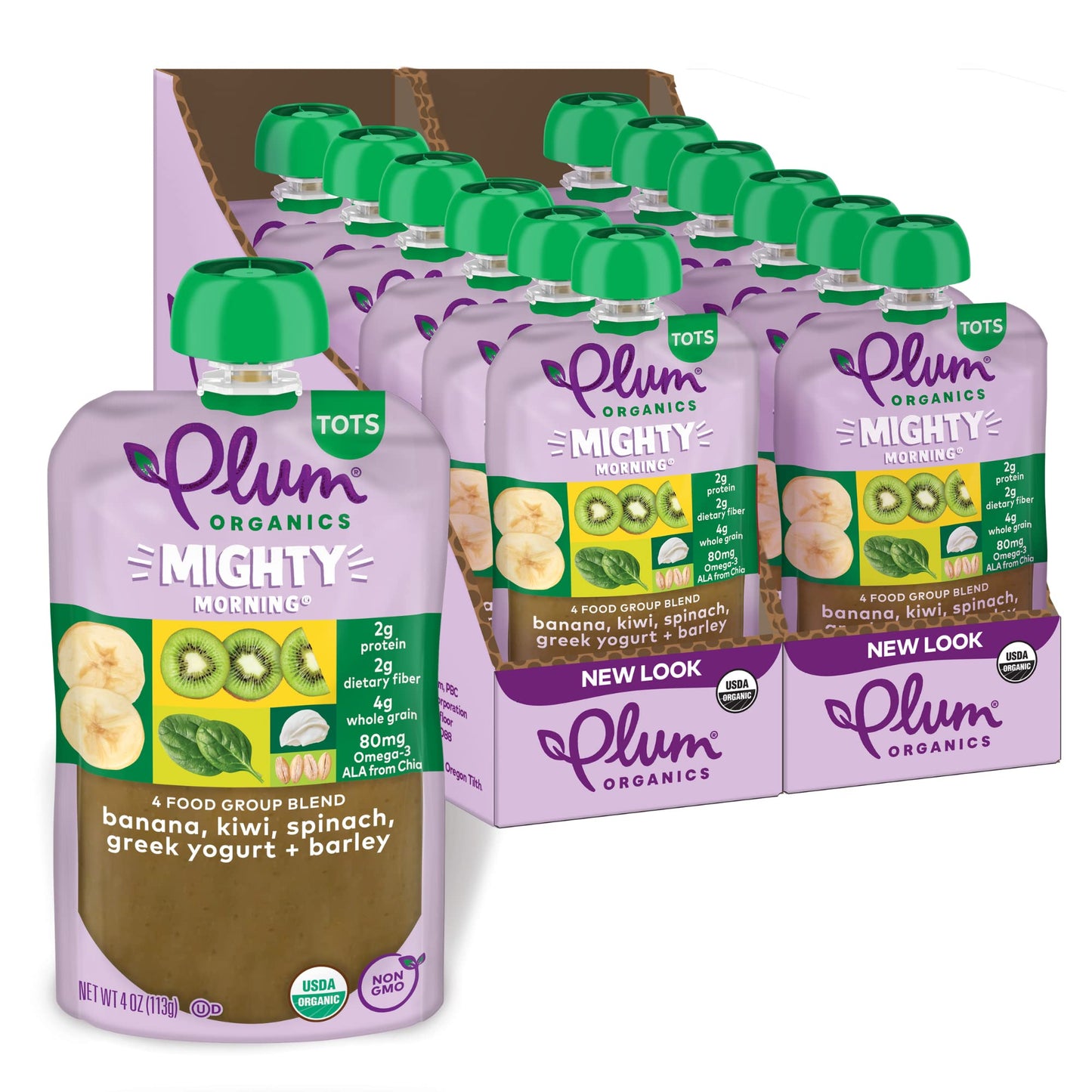 Plum Organics Mighty Morning Organic Toddler Food - Banana, Kiwi, Spinach, Greek Yogurt, and Barley - 4 oz Pouch (Pack of 12) - 