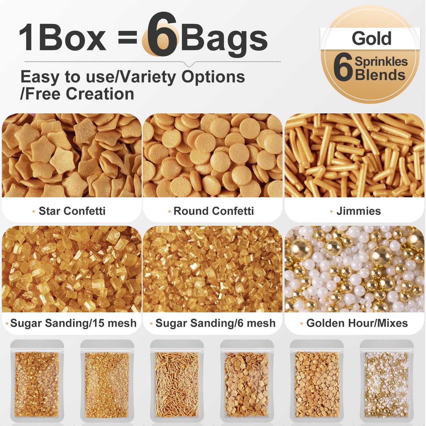HUEBEATY 6-in-1 Gold Sprinkles Edible for Cake Decorating | 180g/6.36oz | Gold Coin & Star Confetti Sprinkles, Sanding Sugar, Ji