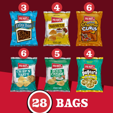 Herrs Snacks Variety Pack, Potato Chips, Pretzels, Popcorn, Cheese Curls, 26Oz Box (28 Bags)