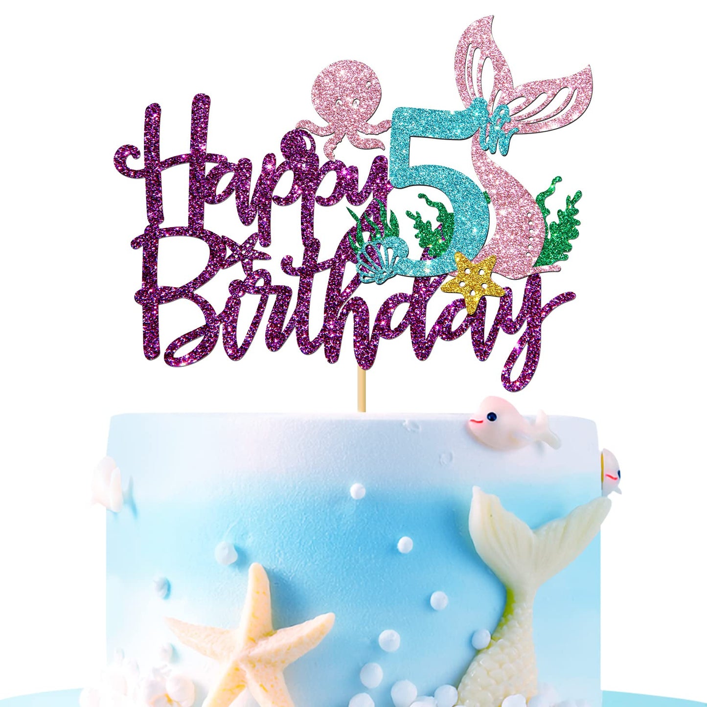 Roadsea Mermaid Happy 5Th Brithday Cake Topper - Under The Sea Theme Girl Kid Five Birthday Cake Supplies/Ocean World 5Th Mermai
