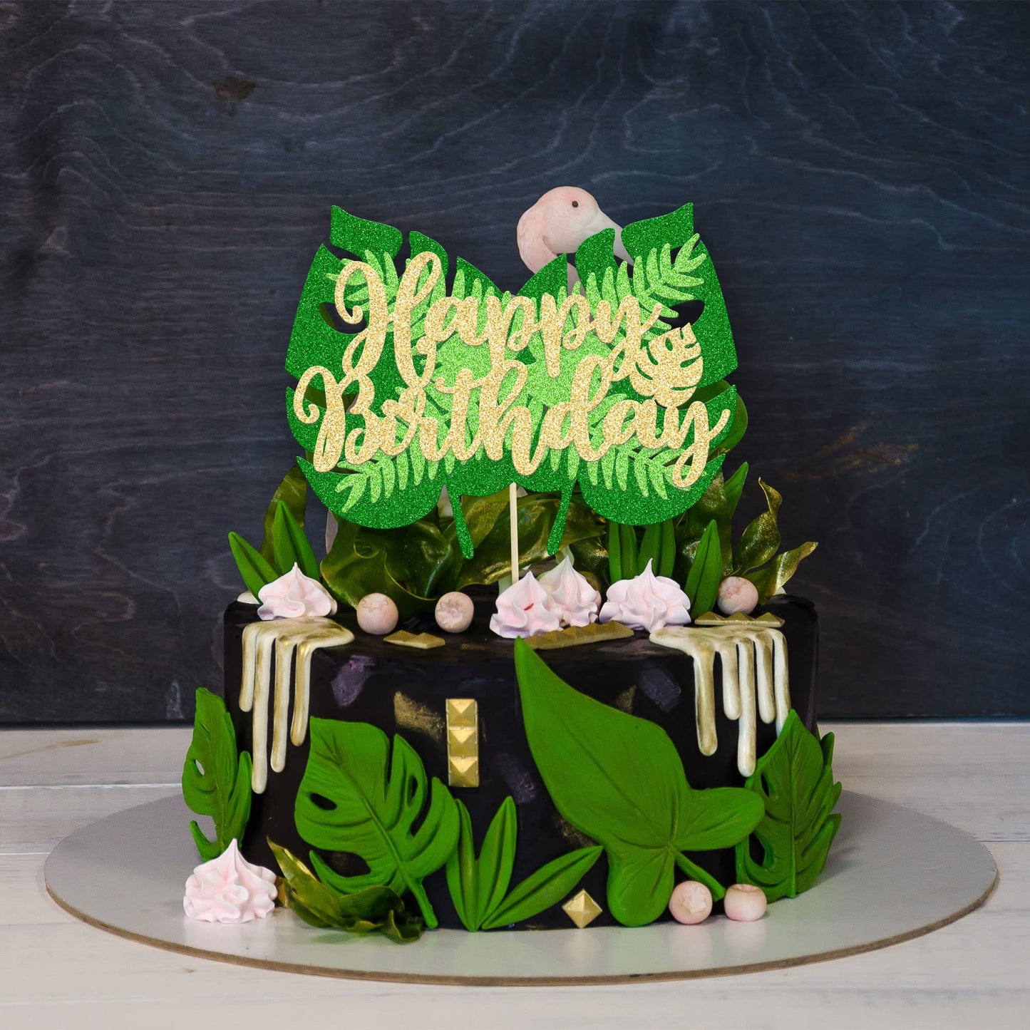 Gyufise 1Pcs Happy Birthday Tropical Leaves Cake Topper Green Glitter Jungle Palm Leaf Cake Decoration For Jungle Theme Kids Bir