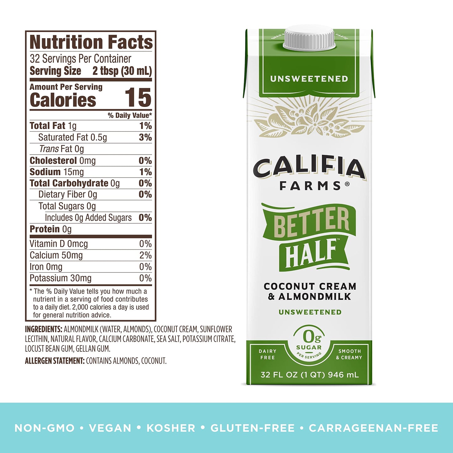 Califia Farms - Unsweetened Better Half, Half And Half Substitute, 32 Oz (Pack Of 6), Almond Milk, Coconut Cream, Coffee Creamer, Keto, Shelf Stable, Dairy Free, Plant Based, Vegan