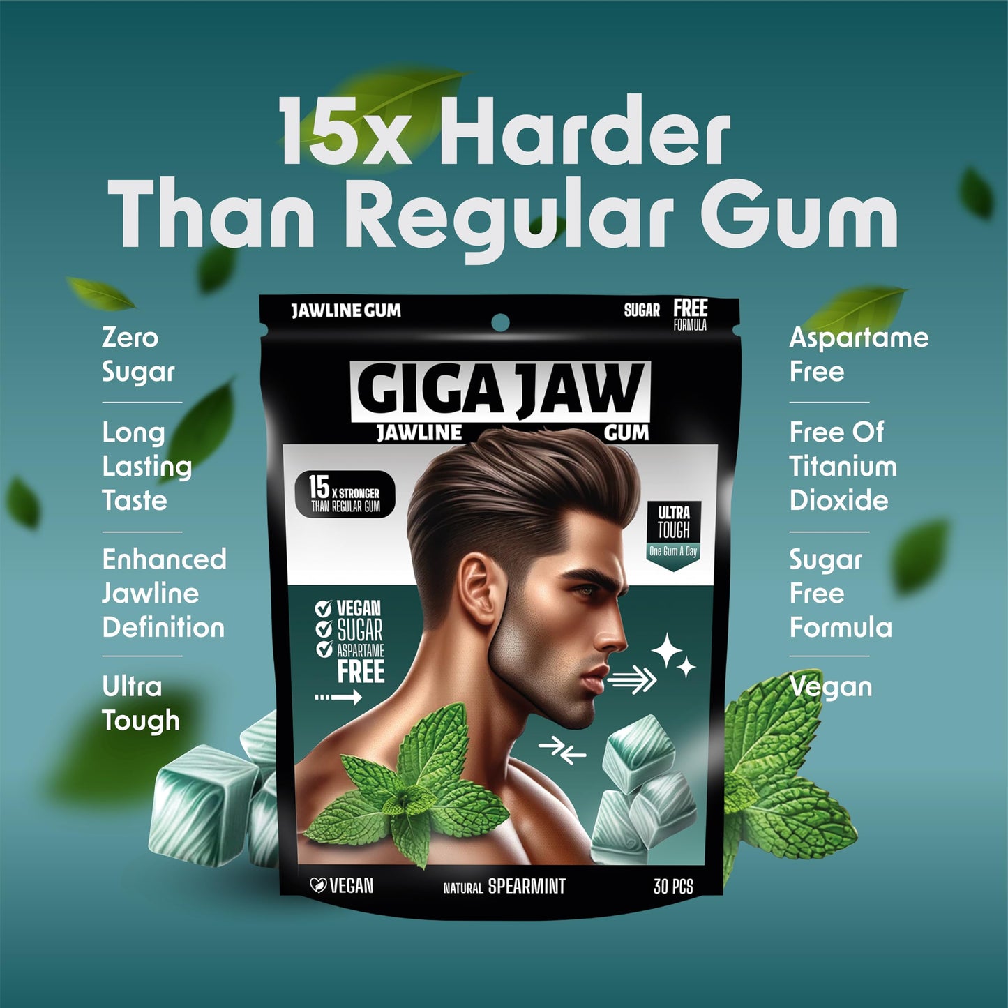 Giga Jaw GigaJaw Jawline Gum - Sugar-Free Mint Flavor, 15X Hardness, Pack of 30 Pieces, Small, Green