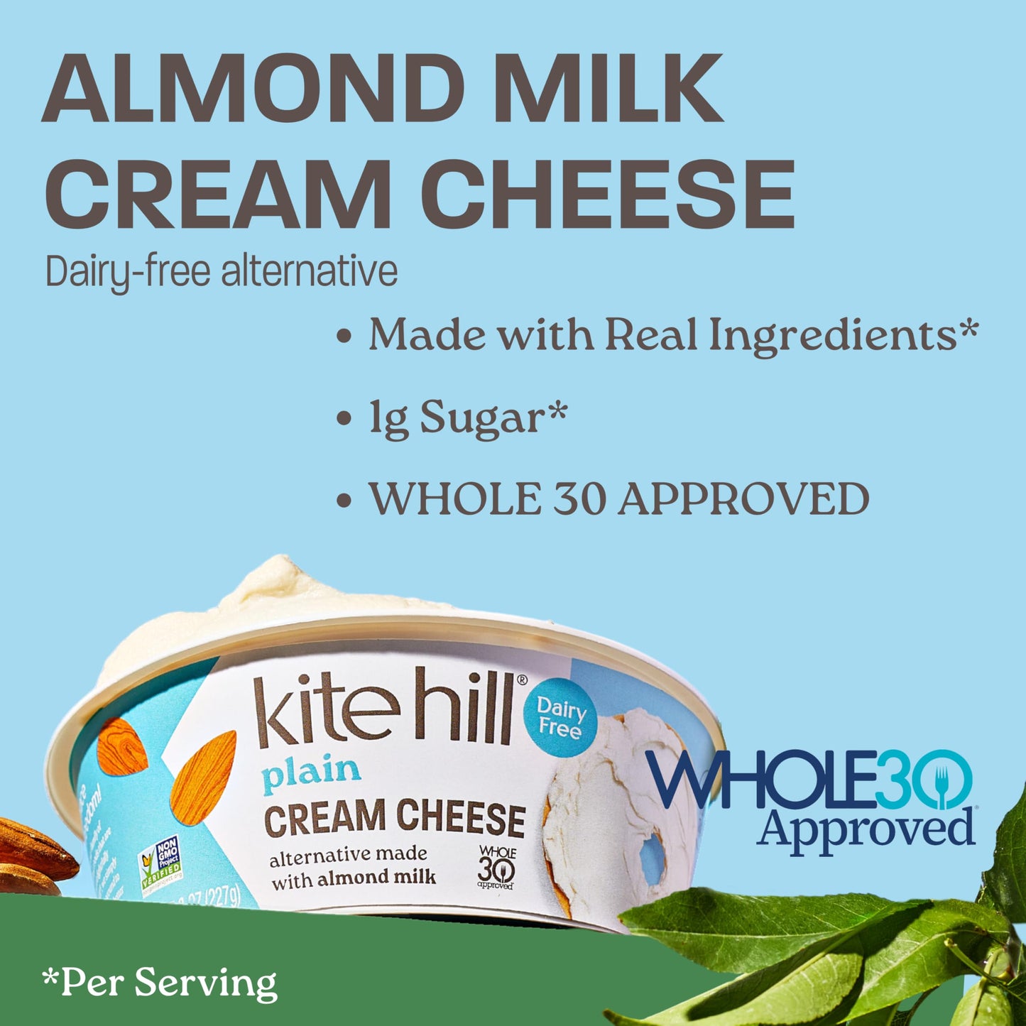 Kite Hill Plain Almond Milk Cream Cheese Style Spread, 8 Ounces, Dairy Free, Whole 30 Approved, Gluten Free, Non-GMO, Vegan