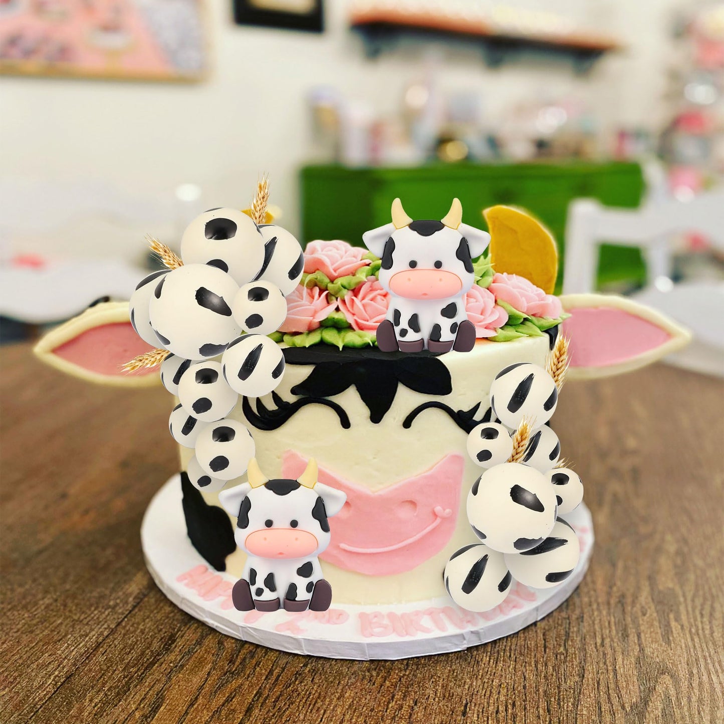 Gyufise 21Pcs Cake Topper Decorations, Cow Themed Farm Cake Topper With Foam Balls, Baby Shower, Birthday Party Supplies