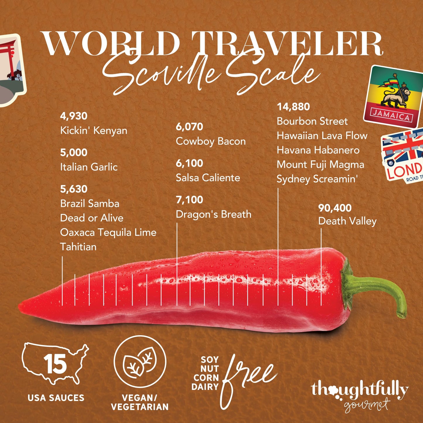 Thoughtfully Gourmet World Traveler Suitcase Hot Sauce Gift Set, Vegan, 15 Pack of 3 Fl Oz Bottles