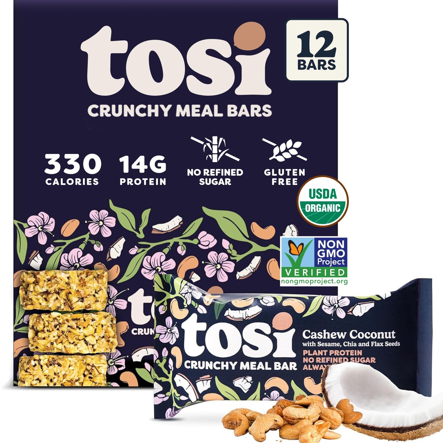 Tosi Meal Bars - Cashew Coconut, Vegan Snack Bars, 14g Protein, 12 Count, Organic, Gluten Free