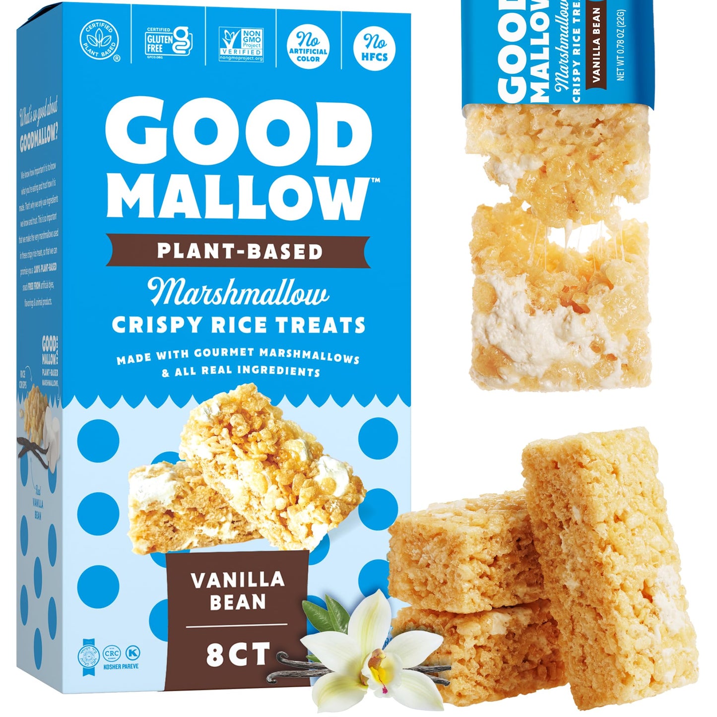 GoodMallow Vegan Rice Crispy  Individually Wrapped Box of 6  Kosher Vegan Snacks  Gluten Free Dairy Free Snacks for Kids & mature-themeds - Healthy Sweets Made with Gourmet Marshmallows (Vanilla Bean)