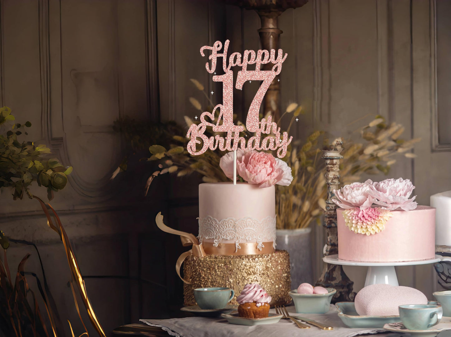 veegood 17th Birthday Cake Topper - Rose Gold Glitter Cardstock, Happy 17th Decorations for Men & Women