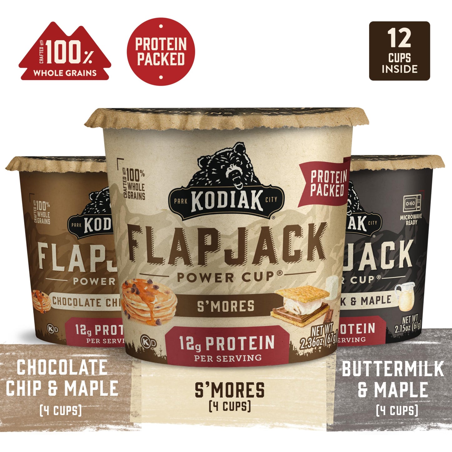 Kodiak Cakes Protein Pancake On The Go Flapjack Cups Mix; Buttermilk, Chocolate Chip, & S’Mores Variety Pack
