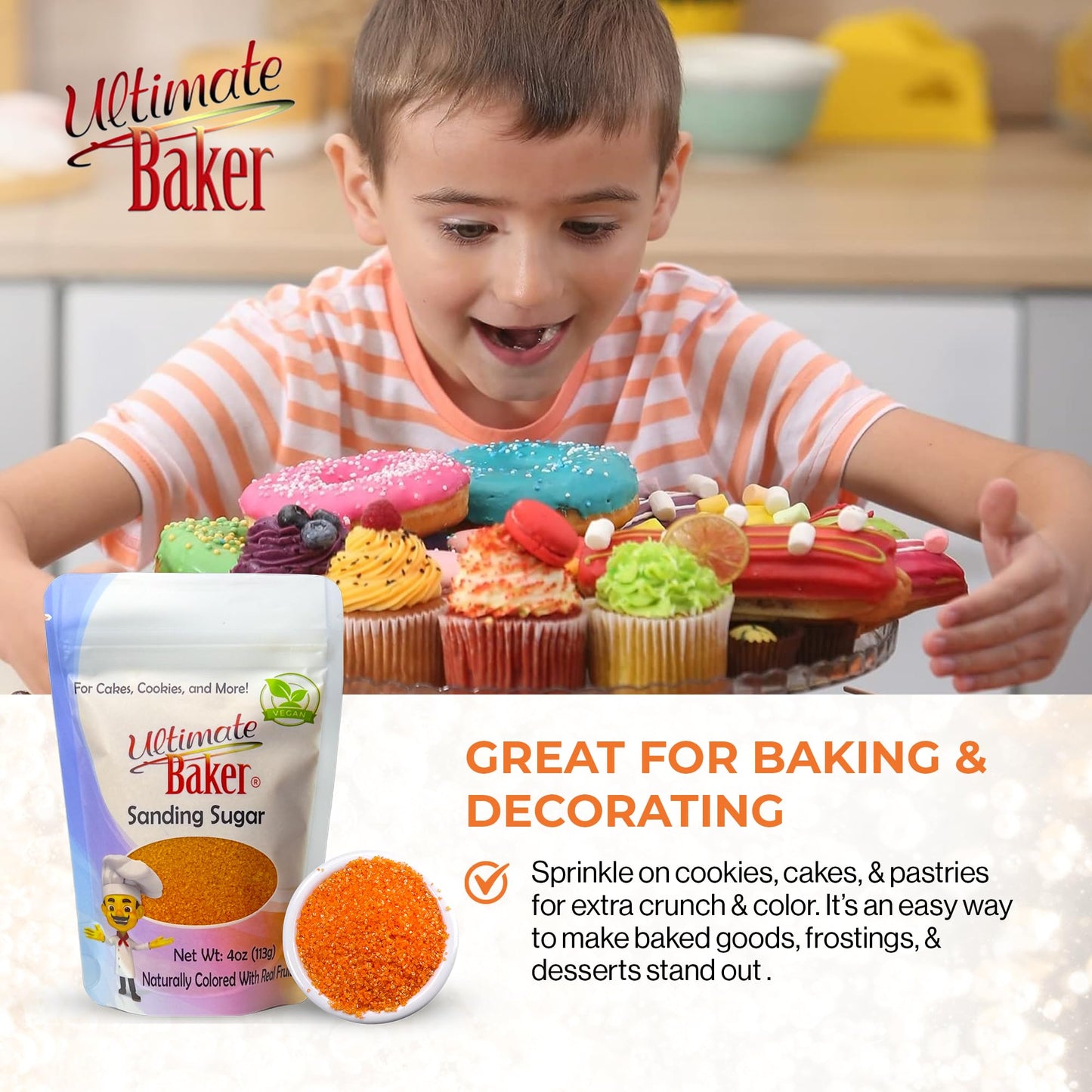 Ultimate Baker Sanding Sugar, Orange, Medium Crystal, 4oz