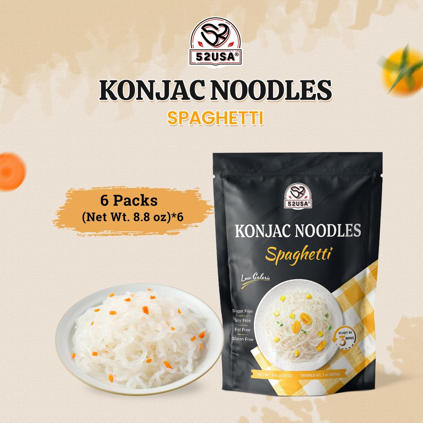 52USA Konjac Shirataki Noodle, Spaghetti, Low Carb Pasta 52.8 Oz (1500 g), Keto and Paleo Friendly, Sugar Free, Vegan, Gluten Fr