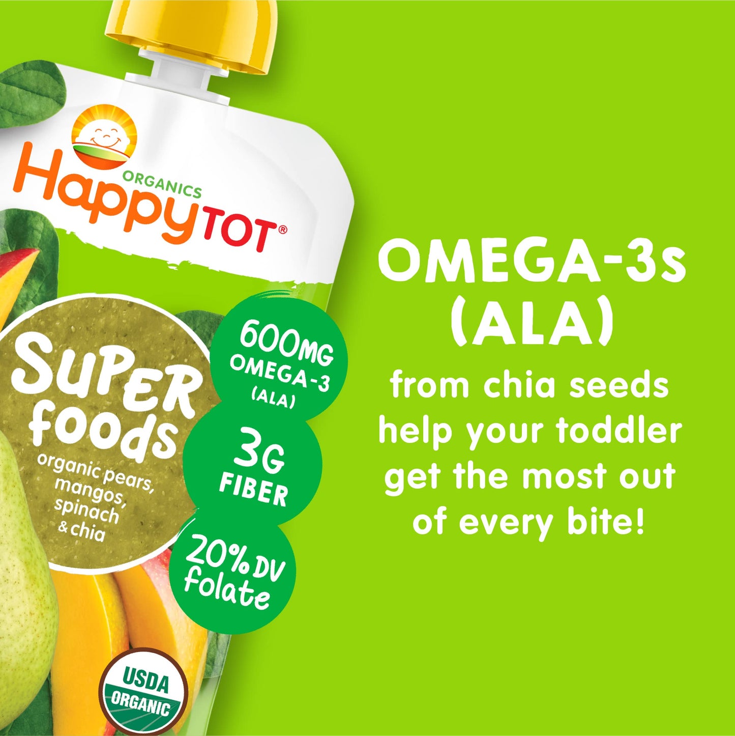 HAPPYTOT Organics Super Foods Stage 4, Pears, Mangos and Spinach + Super Chia, 4.22 Ounce Pouch (Pack of 16) packaging may vary