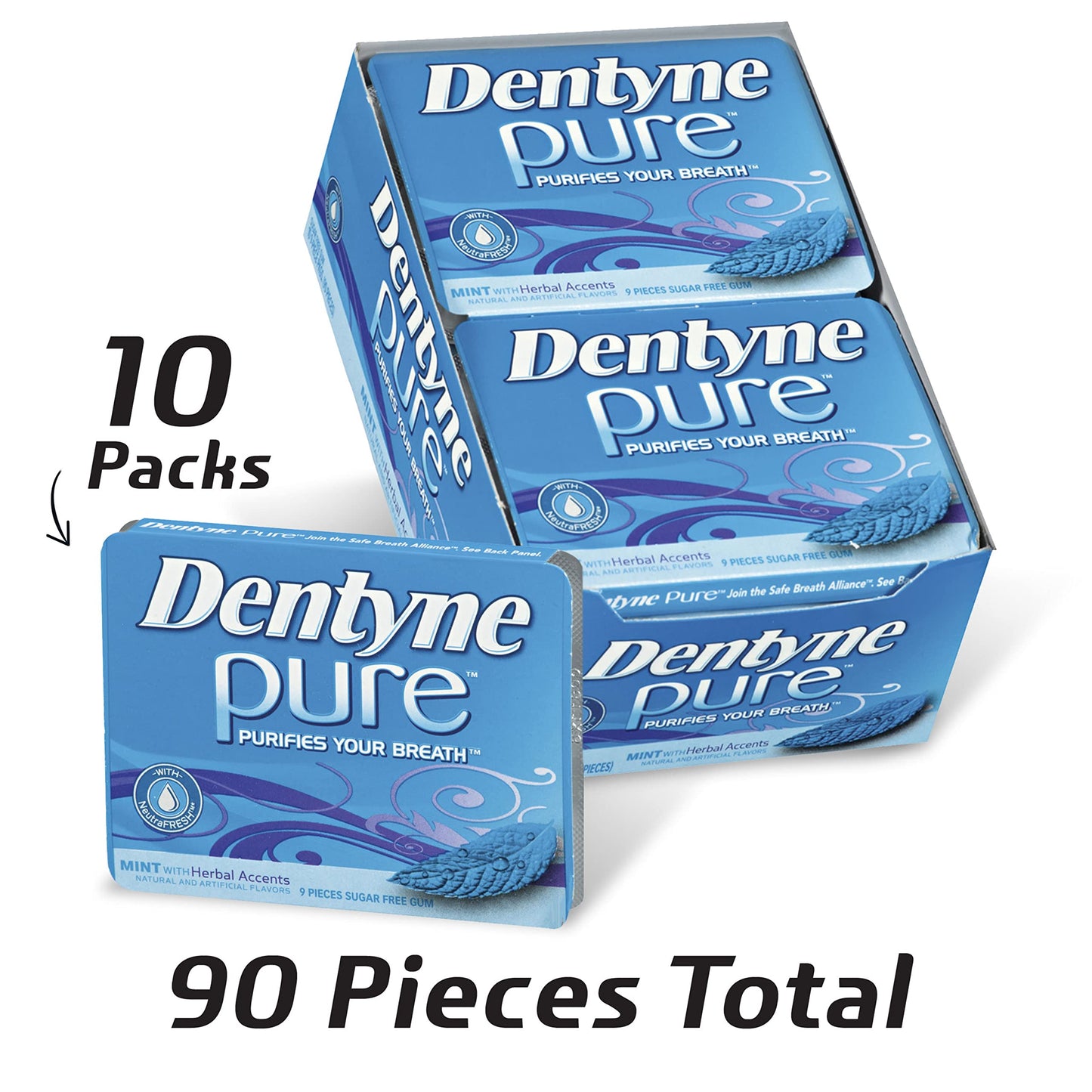 Dentyne Pure Mint With Herbal Accents Sugar Free Gum, 10 Packs Of 9 Pieces (90 Total Pieces)
