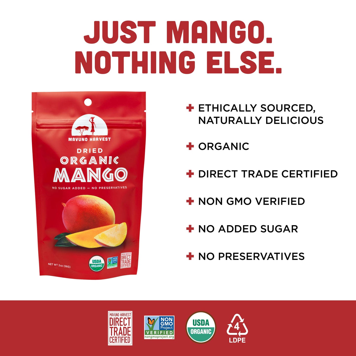 Mavuno Harvest Dried Mango Snacks | Organic, Unsweetened, Gluten Free | 2 Ounce, Pack of 3