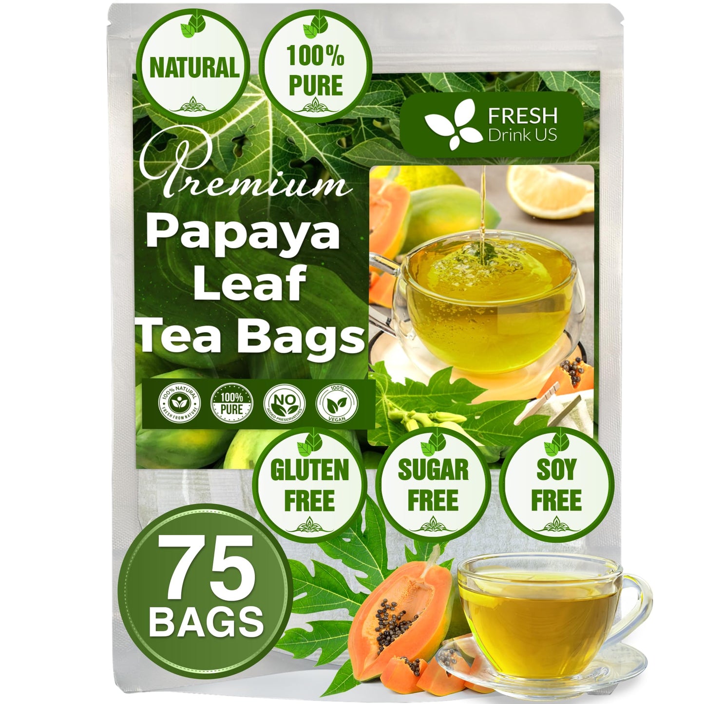 FRESHDRINKUS Premium Papaya Leaf Tea Bags, 100% Natural Herbal Tea, 75 Count, Vegan, No Sugar, No Caffeine, Gluten-Free