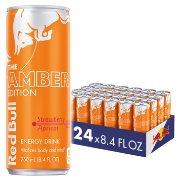 Red Bull Energy Drink Amber Edition Strawberry Apricot, 8.4 Fl Oz, 24 Cans, Model RB240074