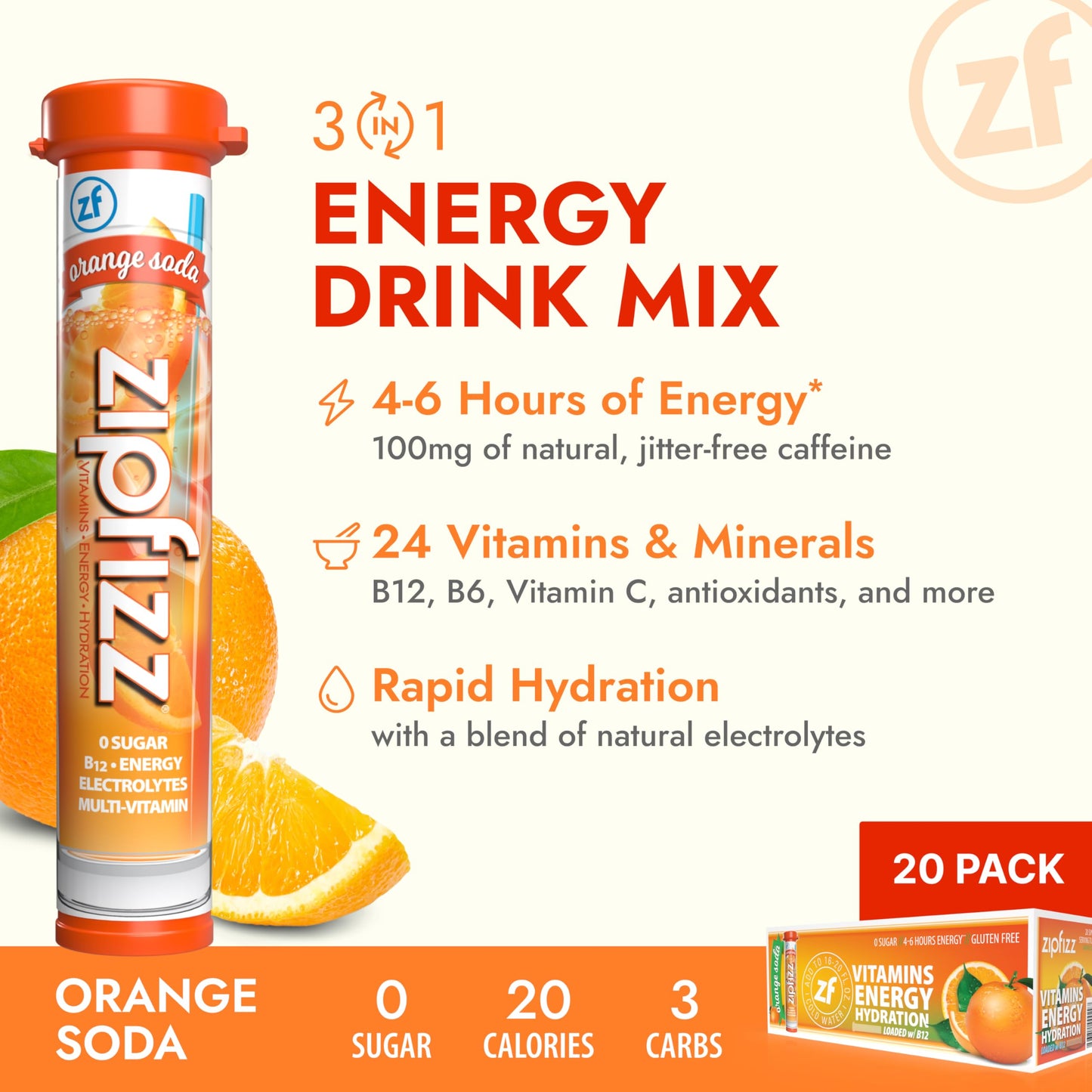 Zipfizz Energy Drink Powder, Sugar-Free, 20 Pack, 0.39 Ounce Each, Orange Soda, Model 20ORANGE, Electrolyte & Vitamins