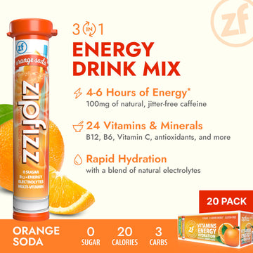 Zipfizz Energy Drink Powder, Sugar-Free, 20 Pack, 0.39 Ounce Each, Orange Soda, Model 20ORANGE, Electrolyte & Vitamins
