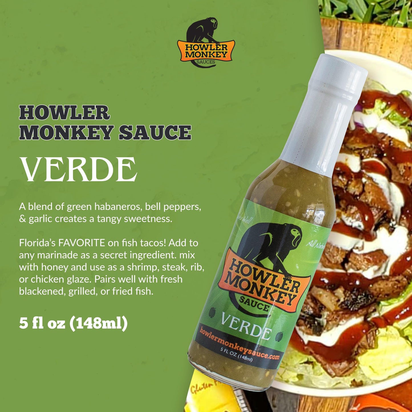 Howler Monkey Sauce Verde - Aji Chombo-Inspired Hot Sauce - Gluten-Free, No Carbs, Low Sodium - Panamanian-Style - 5 Oz (1-Pack)