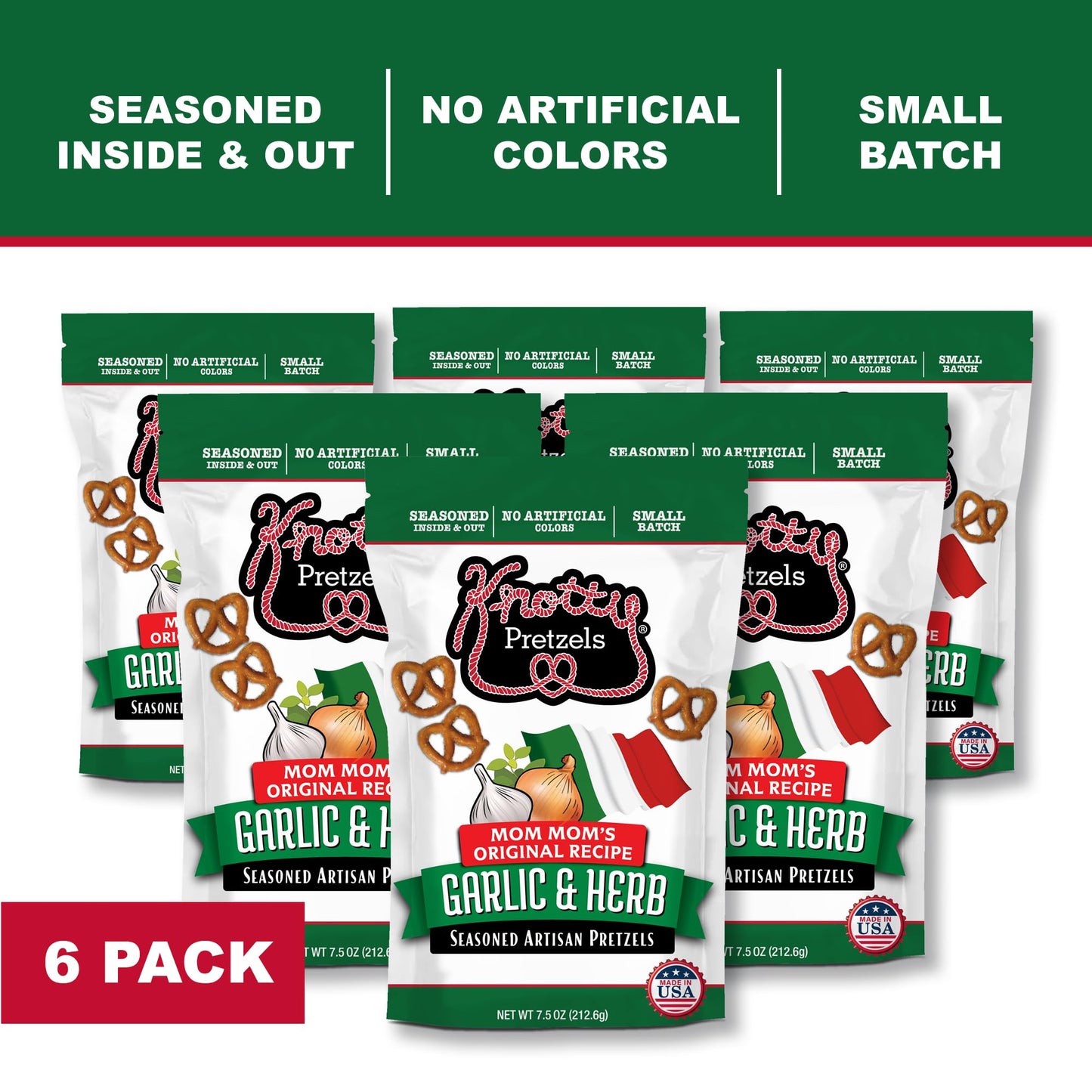 Knotty Pretzels “The Official Pretzel Of Malt-Inspired” 7.5 Oz Individual Seasoned Pretzels In Resealable Pretzel Snack Bags, The Perfect Pairing For Malt-Inspired, Savory Italian Flavor (6-Pack)