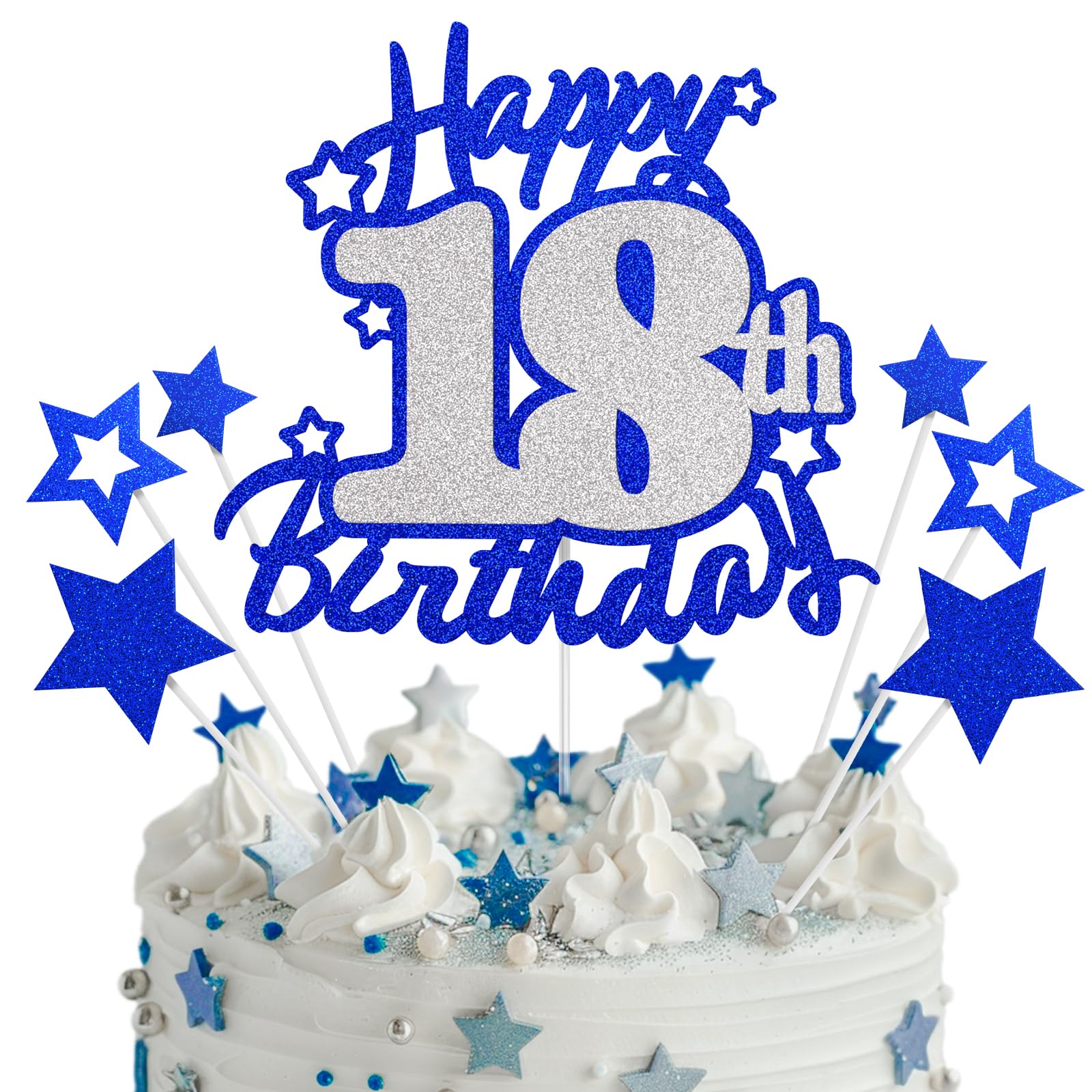 Happy 18th Birthday Cake Topper, Blue and Silver Glitter Cake Toppers, 18 Year Birthday Party Cake Decoration