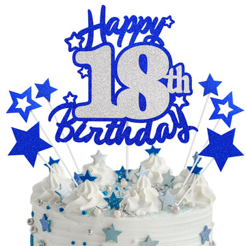 Happy 18th Birthday Cake Topper, Blue and Silver Glitter Cake Toppers, 18 Year Birthday Party Cake Decoration