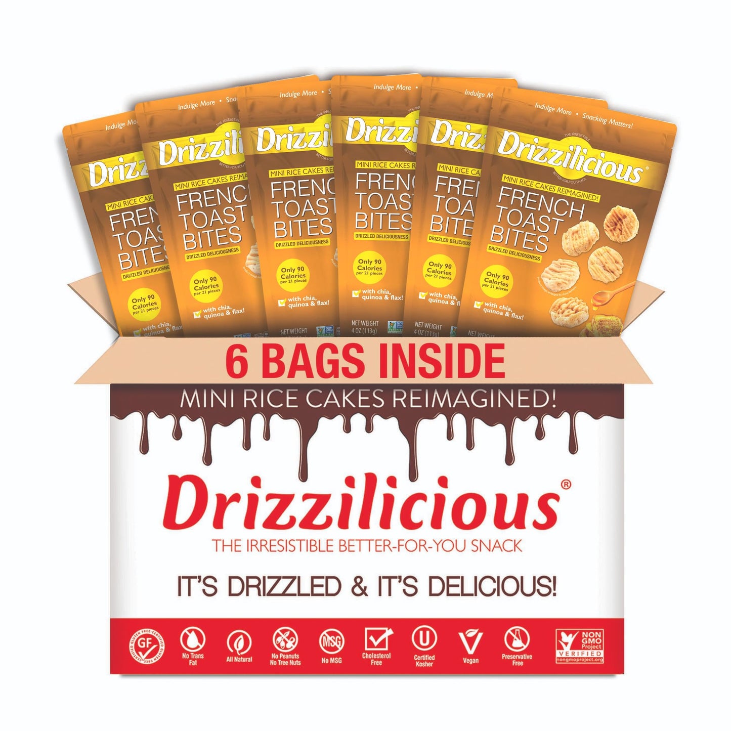 Drizzilicious Mini Rice Cakes French Toast - Rice Crisps  Healthy Snack for mature-themeds and Kids  Flavored Rice Cakes  Vegan  Gluten Free  Allergen Free  Only 90 Calories Per Serving - 4 oz (Pack of 6)