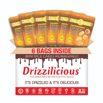 Drizzilicious Mini Rice Cakes French Toast - Rice Crisps  Healthy Snack for mature-themeds and Kids  Flavored Rice Cakes  Vegan  Gluten Free  Allergen Free  Only 90 Calories Per Serving - 4 oz (Pack of 6)