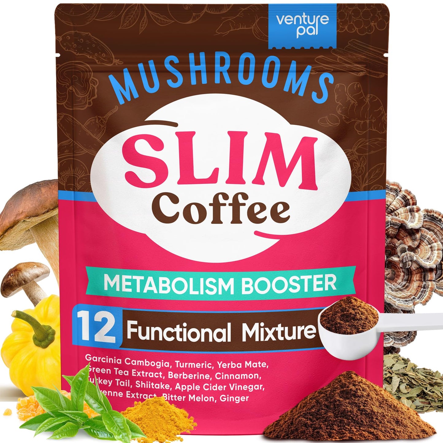 Venture Pal Slim Mushroom Coffee For Weight Loss  Instant Coffee With Berberine  Cinnamon  Yerba Mate  Turmeric  & More  1800Mg(10:1) Extract For Diet Support & Metabolism Boost - 40 Servings