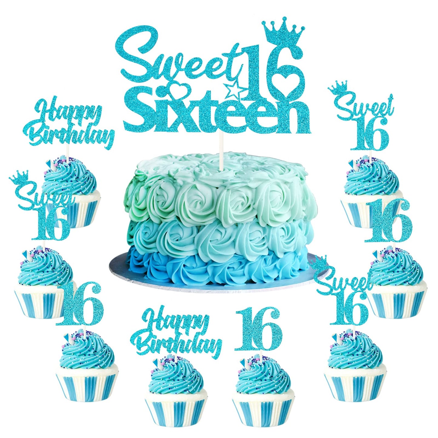 25 Pack 16Th Birthday Cake Decorations, Sweet 16 Sixteen Cake Topper, Happy Birthday Sweet 16 Cupcake Toppers Teal Turquoise Blu