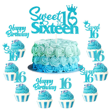 25 Pack 16Th Birthday Cake Decorations, Sweet 16 Sixteen Cake Topper, Happy Birthday Sweet 16 Cupcake Toppers Teal Turquoise Blu