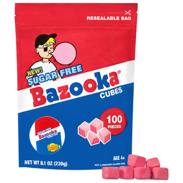 Bazooka New Sugar-Free Bubble Gum Cubes Bag - 100 Count Original Flavor, Resealable Stand-Up Pouch, Bulk Gum Perfect For Sharing, Ideal For Parties & Vintage Themes, Nostalgic Chewing Gum