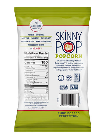 Skinnypop Popcorn, Gluten Free, Dairy Free, Non-Gmo, Healthy Snacks, Skinny Pop Original Popcorn, 1Oz Individual Size Snack Bags