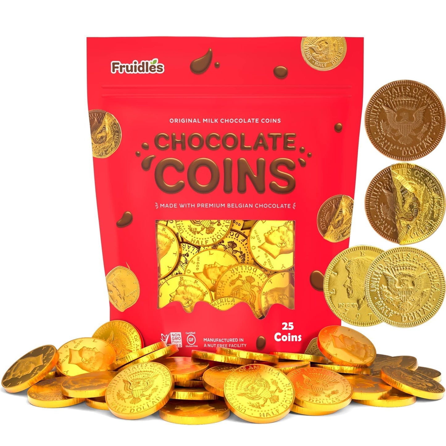 Fruidles Edible Gold Half Dollar Coins, Nut Free, Non-GMO, Kosher Dairy, 25-Pack