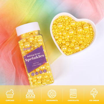 Cobakey Yellow Pearl Sprinkles For Cake Decorations 3.52 Ounce Edible Pearl Sugar Sprinkles For Cupcake Toppers Wedding Party Va
