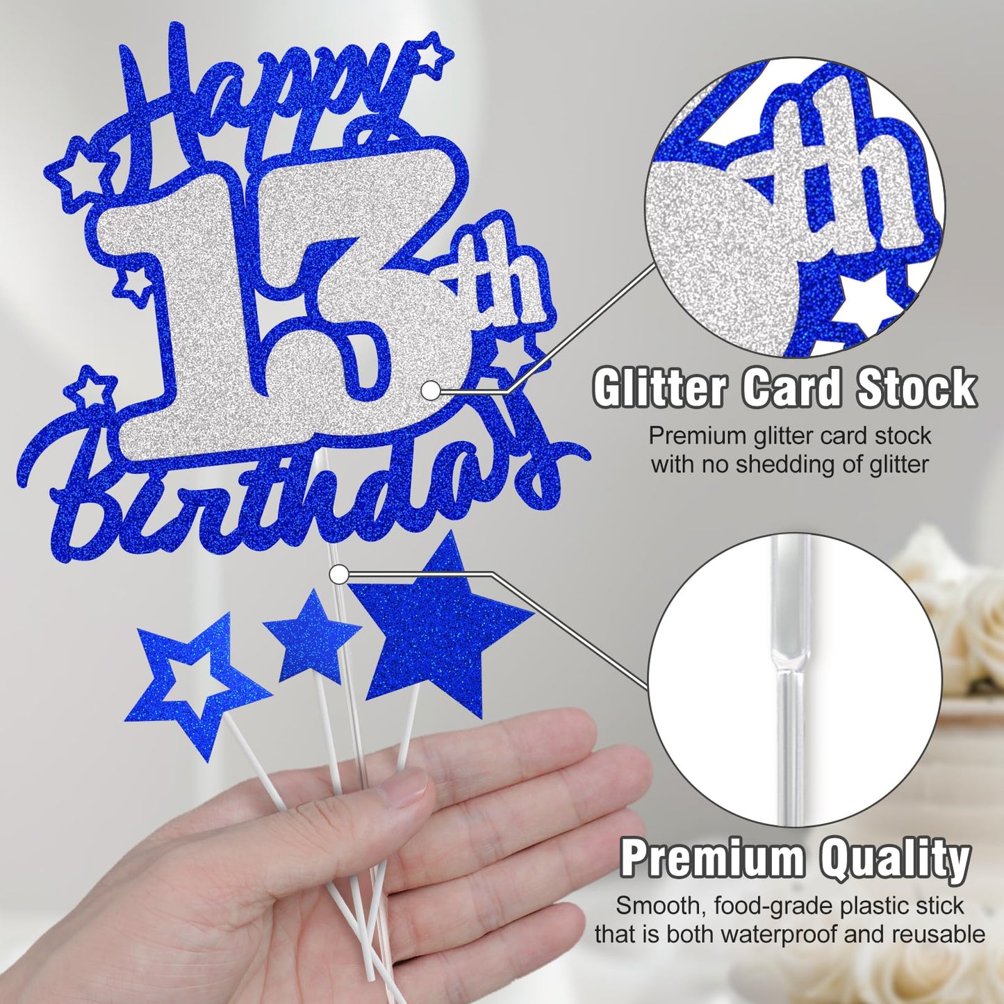Happy 13Th Birthday Cake Topper, Blue And Silver Glitter Cake Toppers, 13 Year Birthday Party Cake Decoration