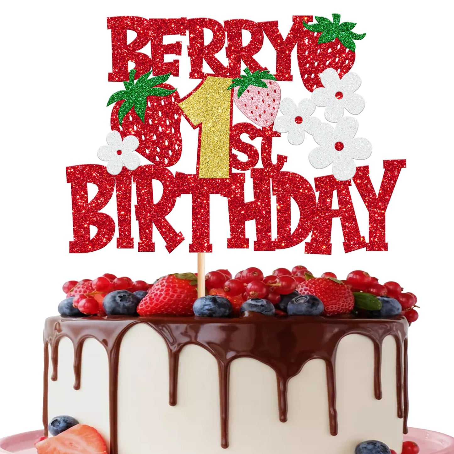 YCTHUNFISH Birthday Cake Topper Red Glitter Flower for Strawberry Theme Party, Paper Material