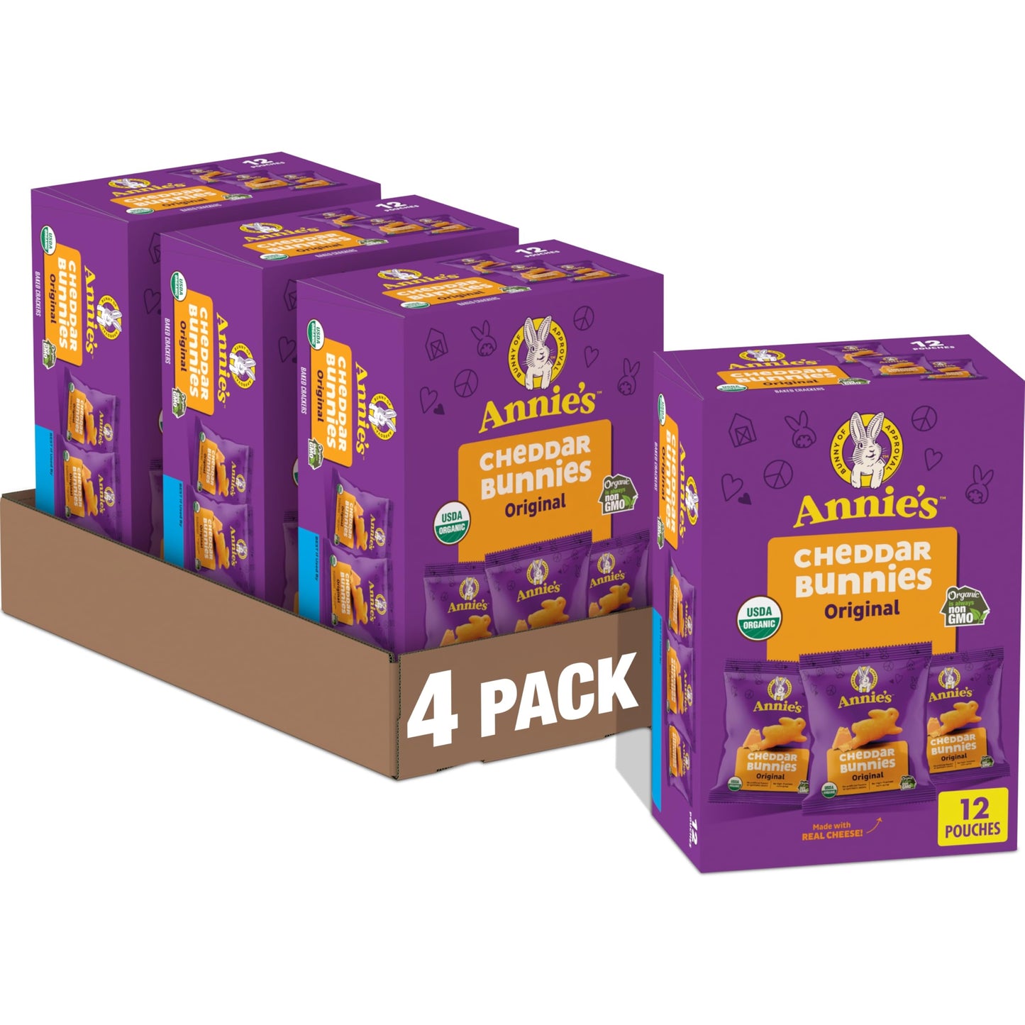 Annie s Organic Cheddar Bunnies Baked Snack Crackers, 12 oz., 12 Pouches (Pack of 4)